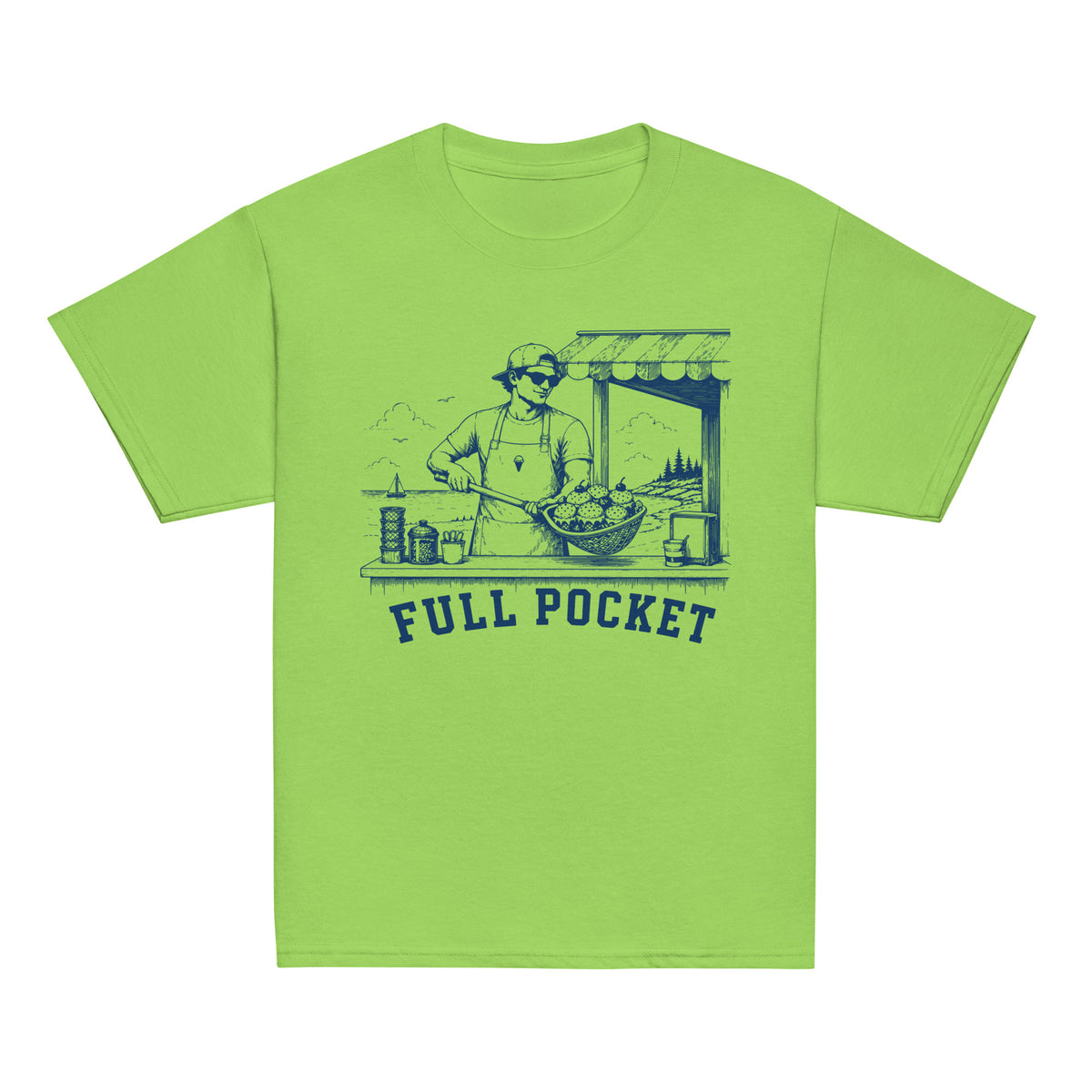 GO2X Full Pocket youth lacrosse shirt with male design in Lime, front view