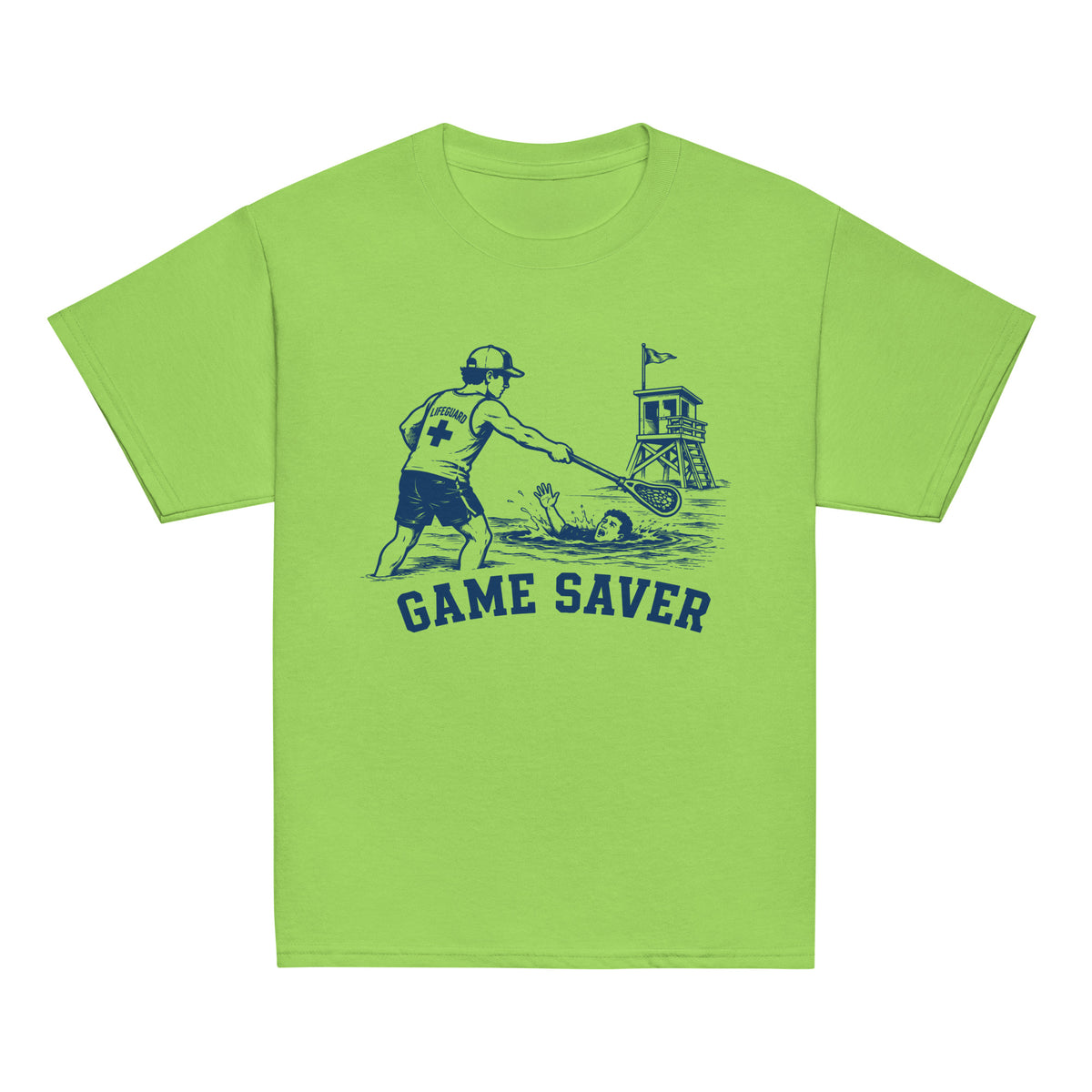 GO2X Game Saver youth lacrosse shirt with male design in Lime, front view