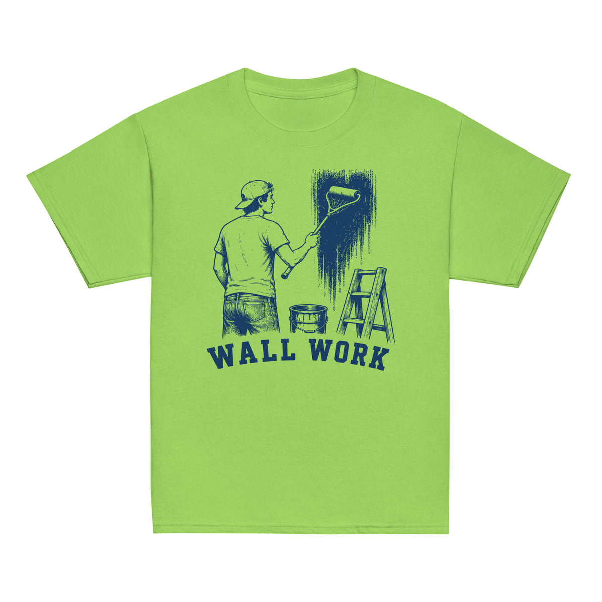 GO2X Wall Work youth lacrosse shirt with male design in Lime, front view