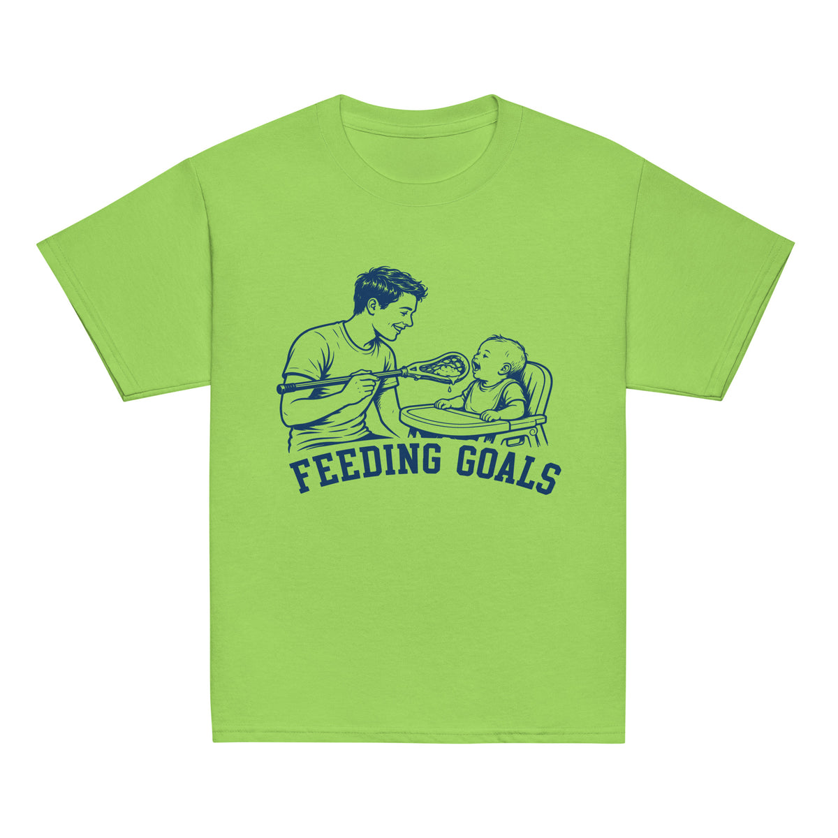 GO2X Feeding Goals youth lacrosse shirt with male design in Lime, front view