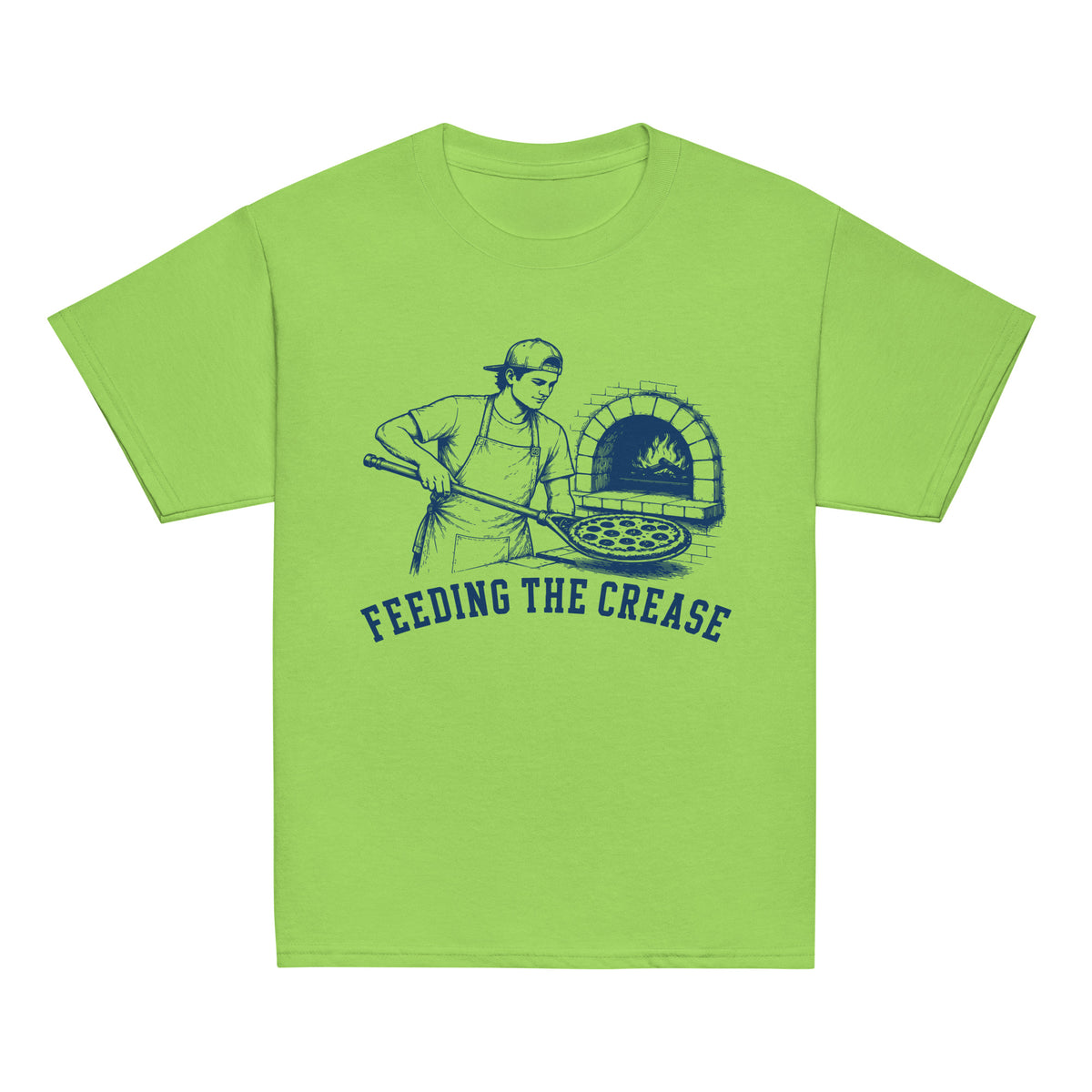 GO2X Feeding the Crease youth lacrosse shirt with male design in Lime, front view