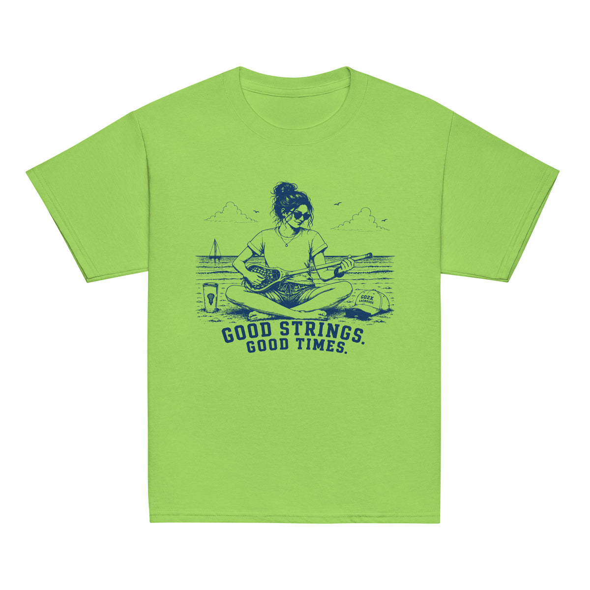 GO2X Good Strings Good Times youth lacrosse shirt with female design in Lime, front view