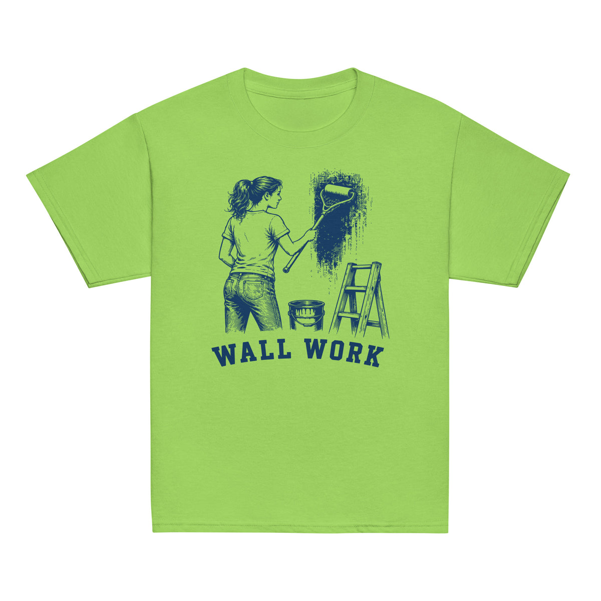 GO2X Wall Work youth lacrosse shirt with female design in Lime, front view