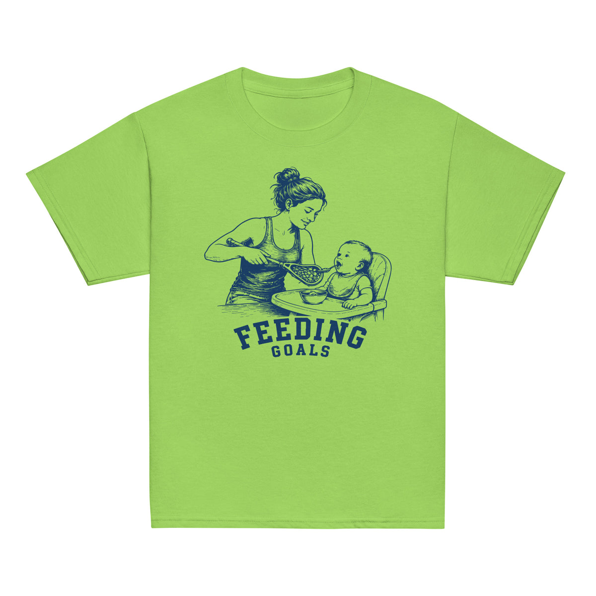GO2X Feeding Goals youth lacrosse shirt with female design in Lime, front view