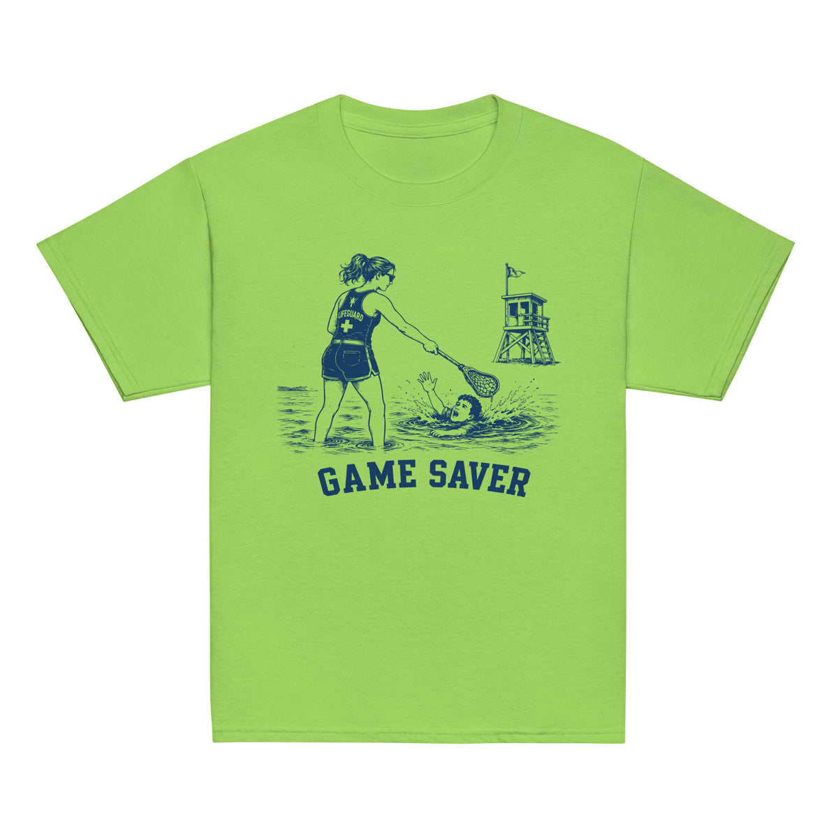 GO2X Game Saver youth lacrosse shirt with female design in Lime, front view