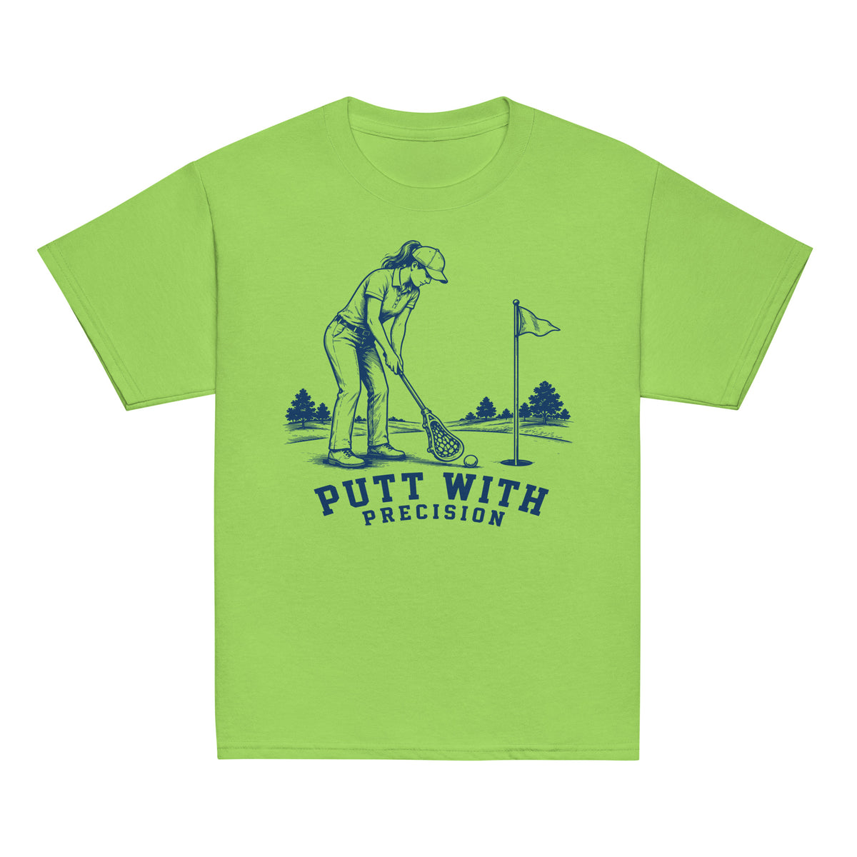 GO2X Putt with Precision youth lacrosse shirt with female design in Lime, front view