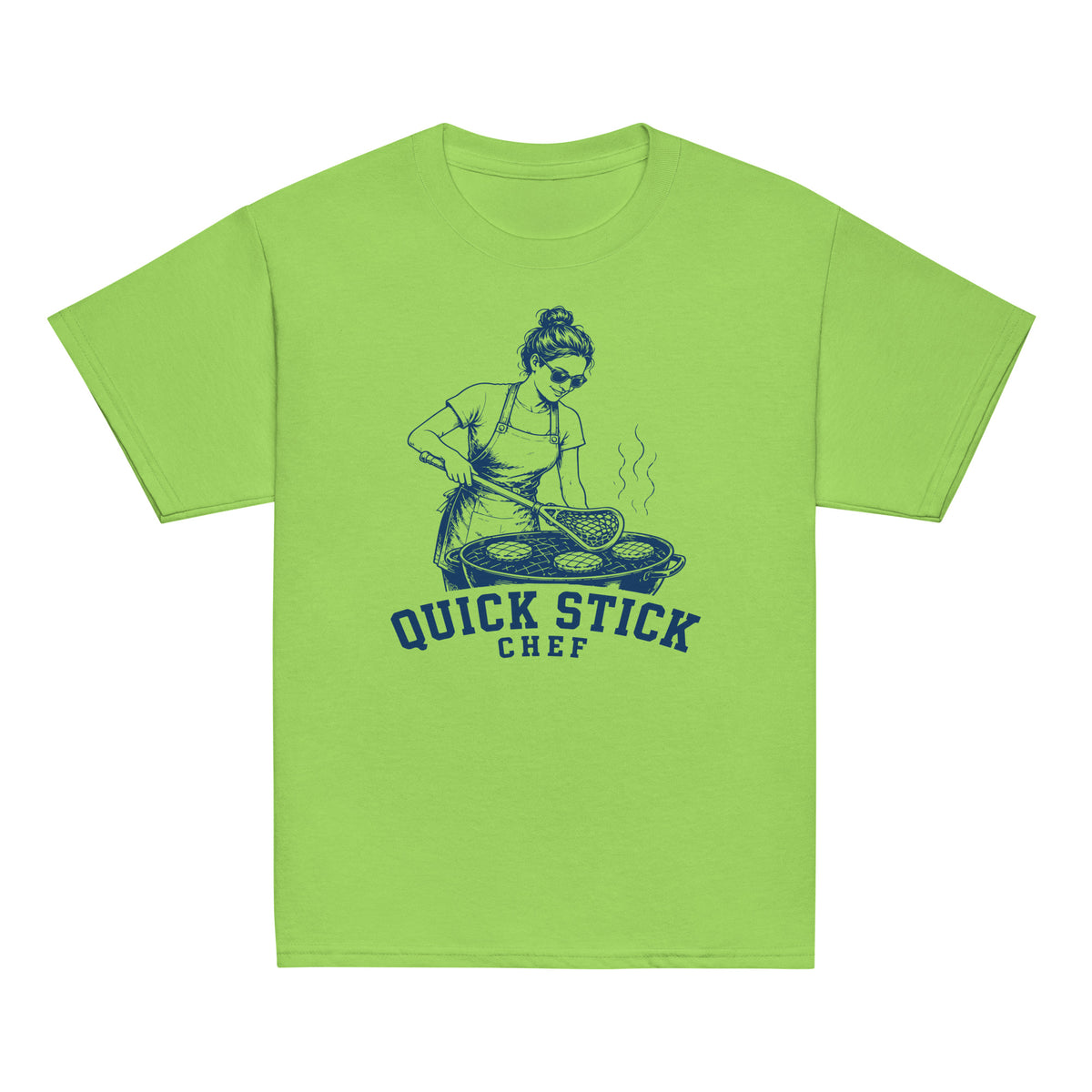 GO2X Quick Stick Chef youth lacrosse shirt with female design in Lime, front view