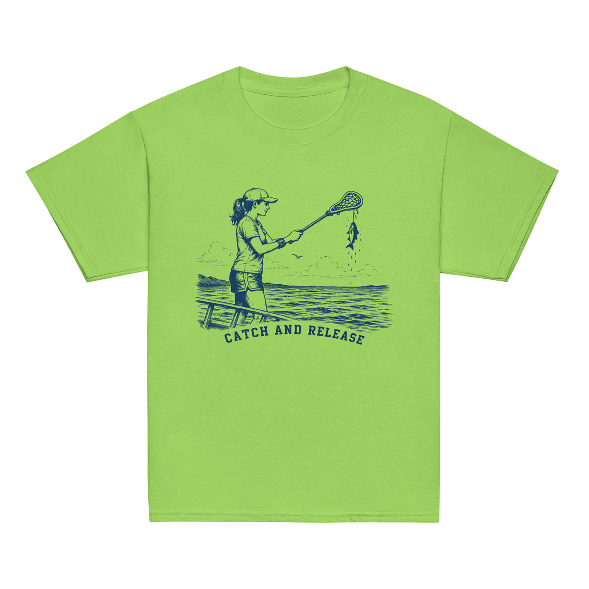 GO2X Catch and Release youth lacrosse shirt with female design in Lime, front view