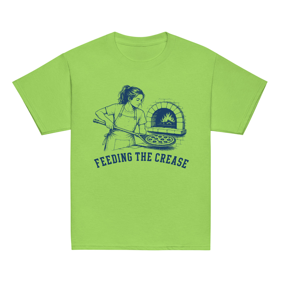 GO2X Feeding the Crease youth lacrosse shirt with female design in Lime, front view