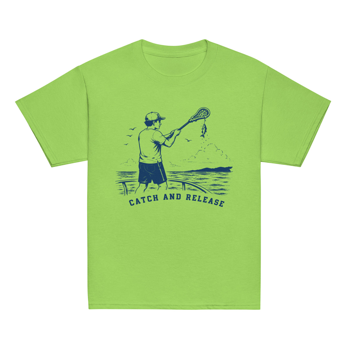 GO2X Catch and Release youth lacrosse shirt with male design in Lime, front view