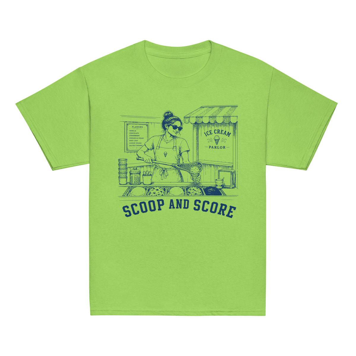GO2X Scoop and Score youth lacrosse shirt with female design in Lime, front view