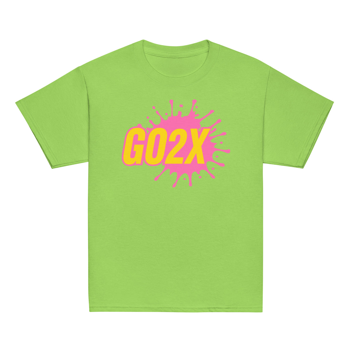 GO2X Classic youth lacrosse shirt with pink & yellow logo in Lime, front view