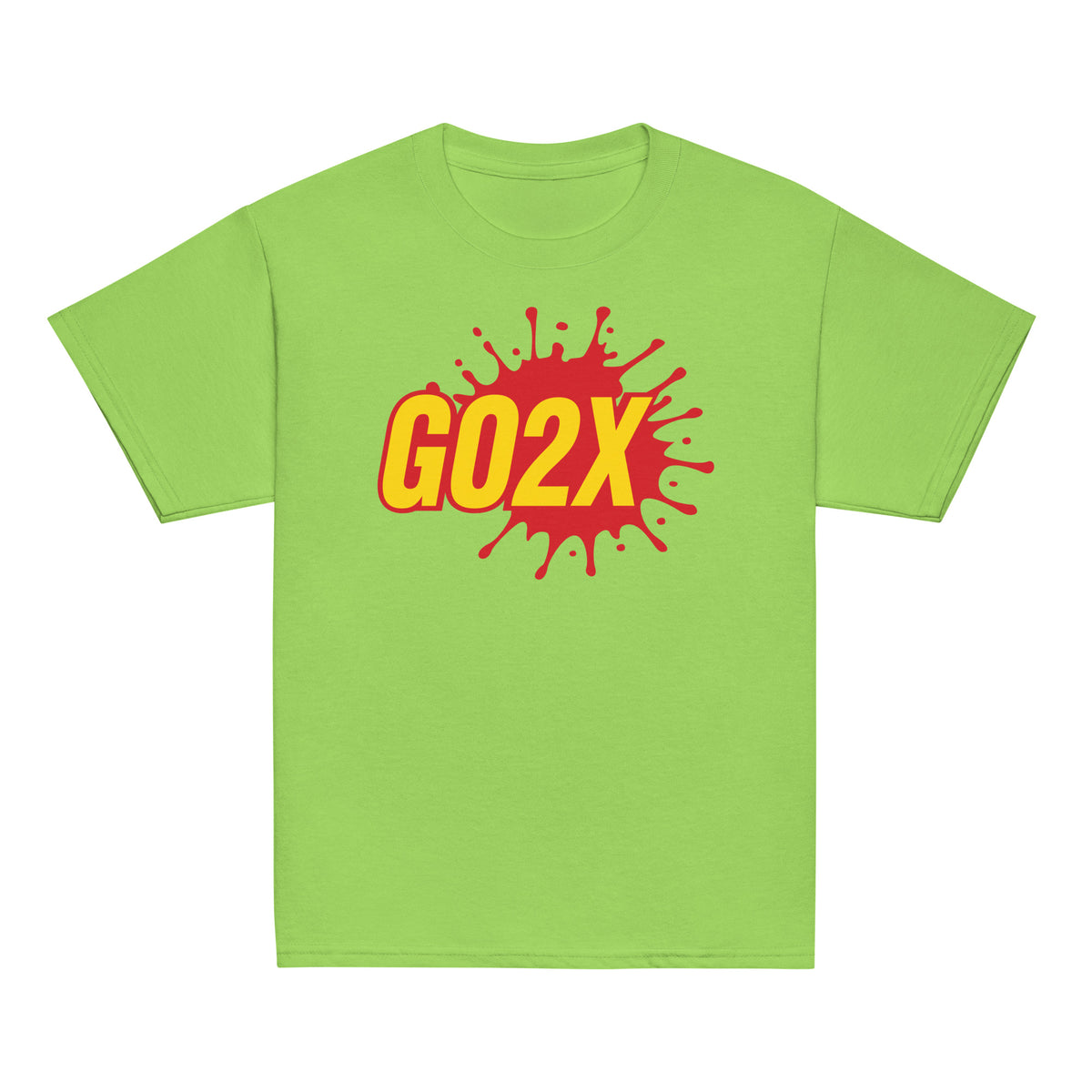 GO2X Classic youth lacrosse shirt with red & yellow logo in Lime, front view