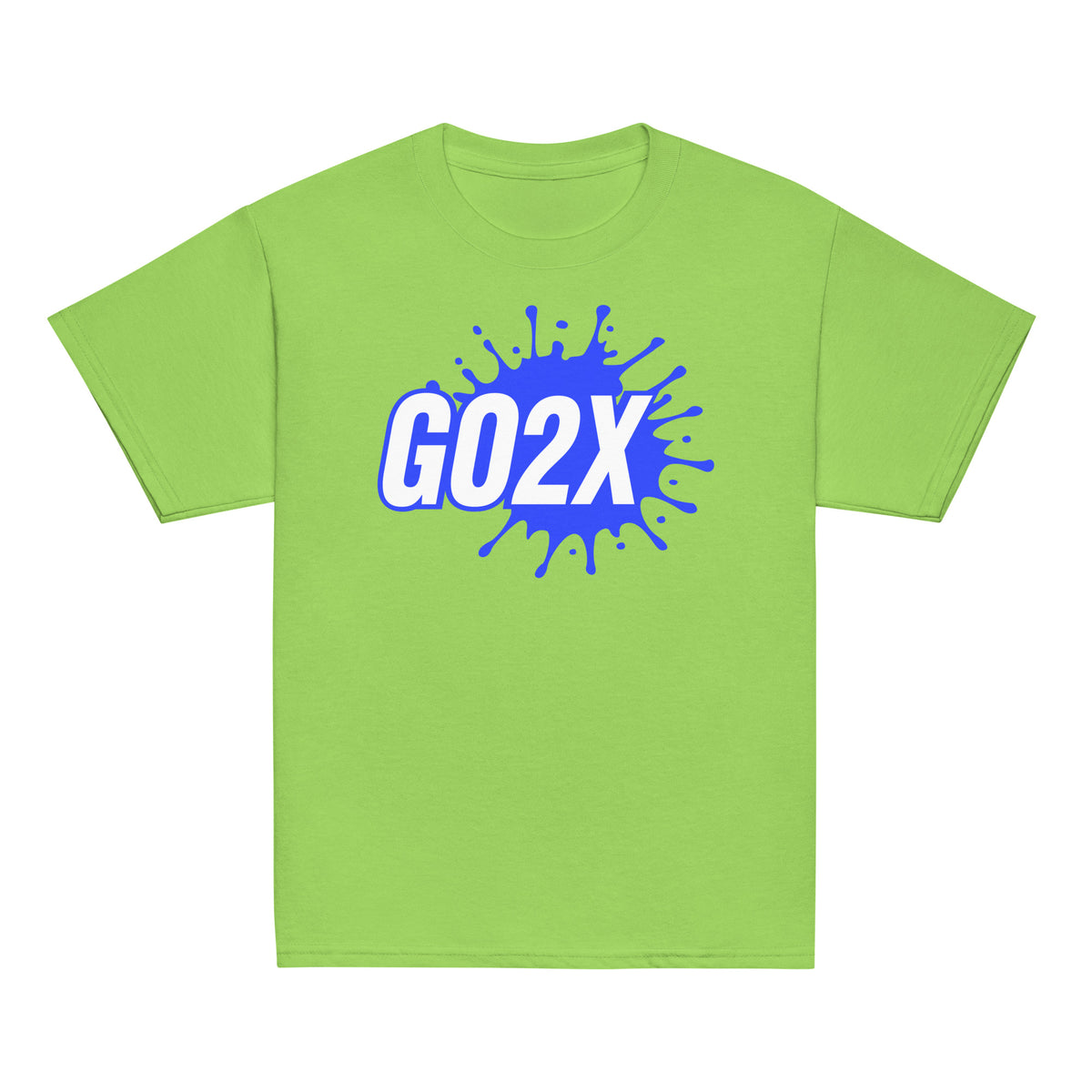 GO2X Classic youth lacrosse shirt with blue & white logo in Lime, front view