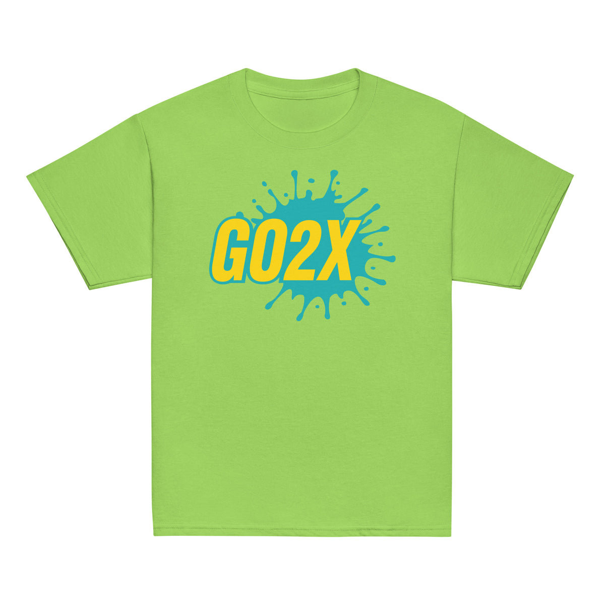 GO2X Classic youth lacrosse shirt with teal & yellow logo in Lime, front view