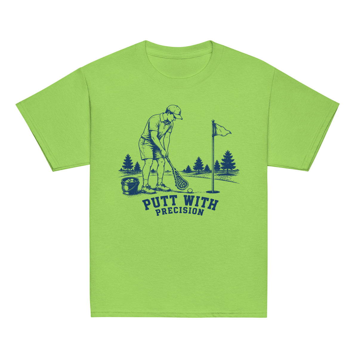 GO2X Putt with Precision youth lacrosse shirt with male design in Lime, front view