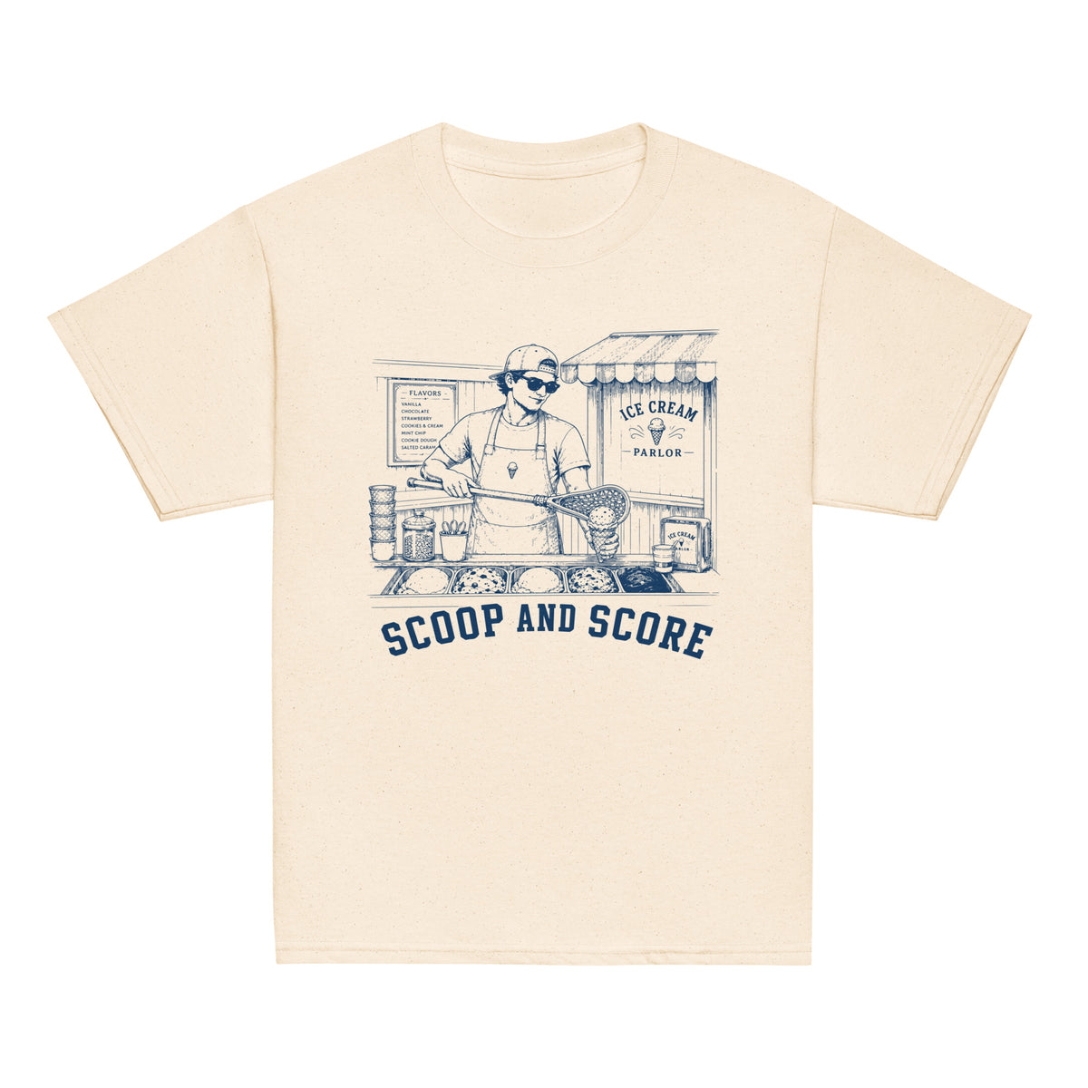 GO2X Scoop and Score youth lacrosse shirt with male design in Natural, front view