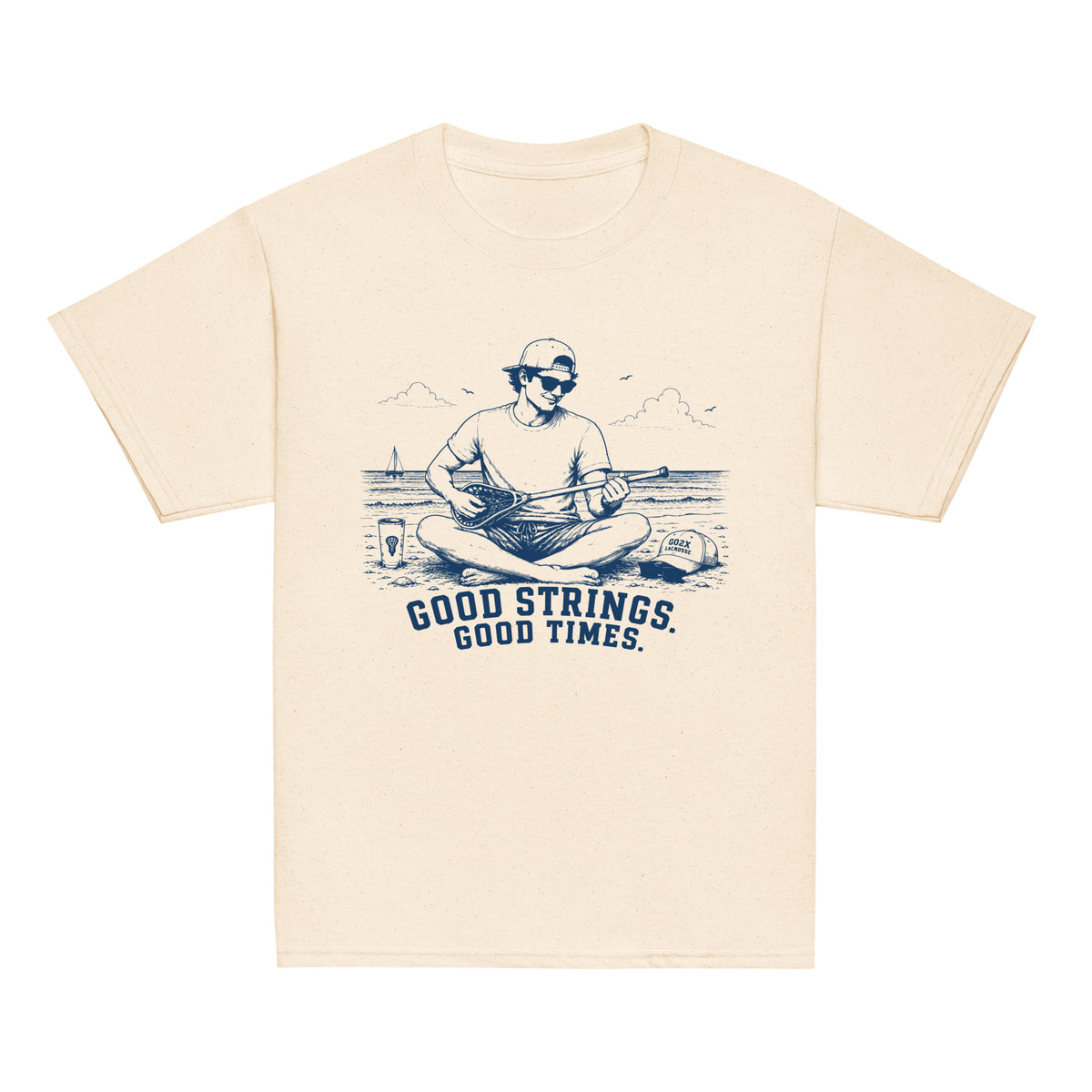 GO2X Good Strings Good Times youth lacrosse shirt with male design in Natural, front view