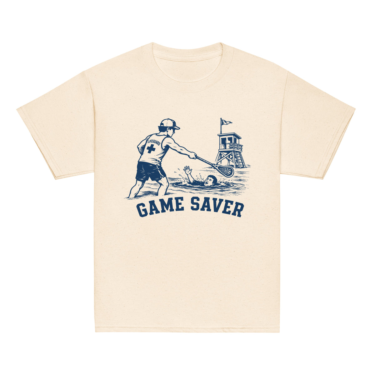 GO2X Game Saver youth lacrosse shirt with male design in Natural, front view