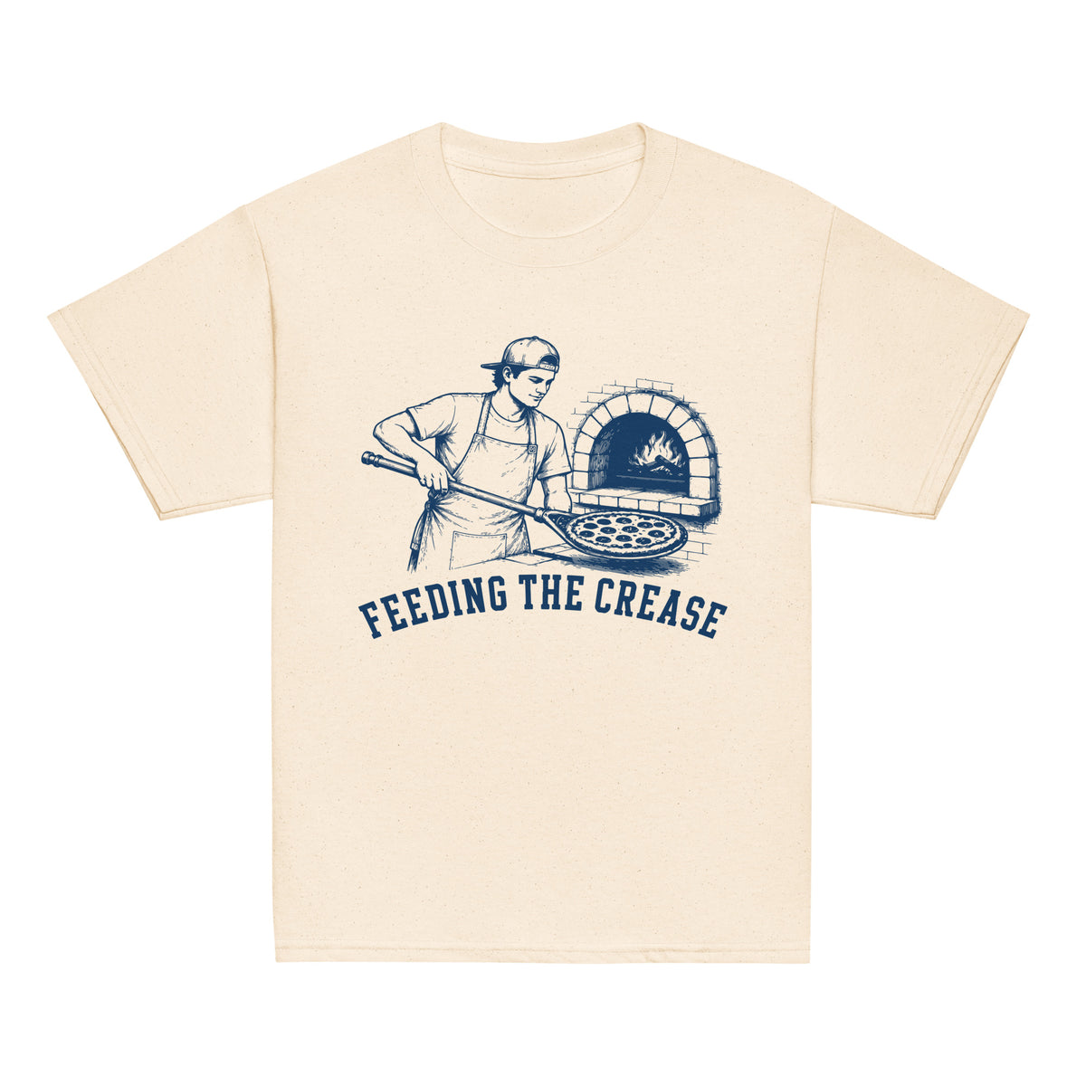 GO2X Feeding the Crease youth lacrosse shirt with male design in Natural, front view