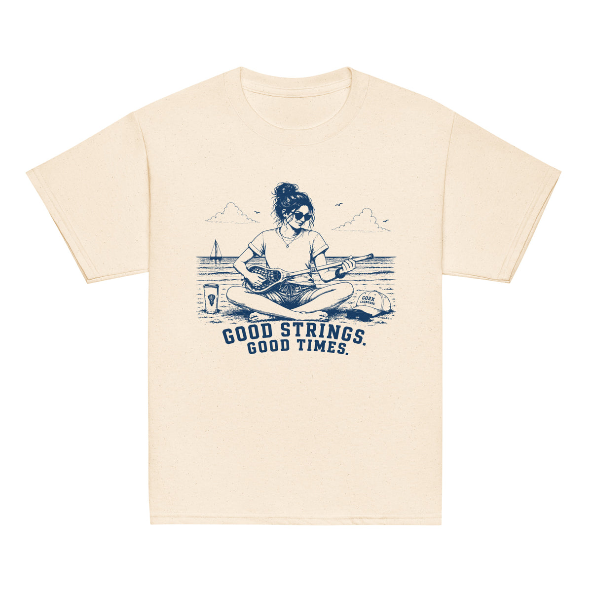 GO2X Good Strings Good Times youth lacrosse shirt with female design in Natural, front view
