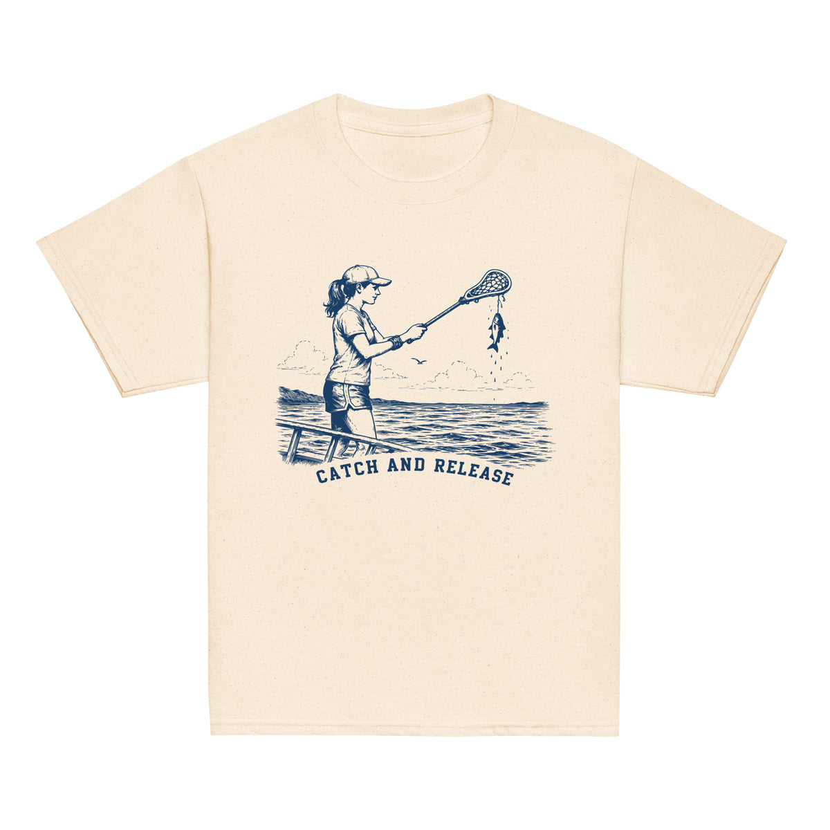 GO2X Catch and Release youth lacrosse shirt with female design in Natural, front view