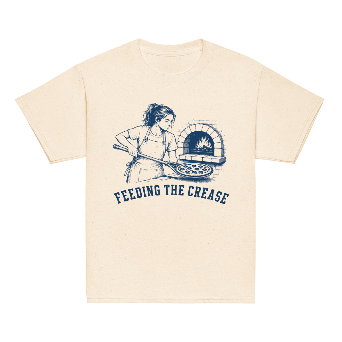 GO2X Feeding the Crease youth lacrosse shirt with female design in Natural, front view