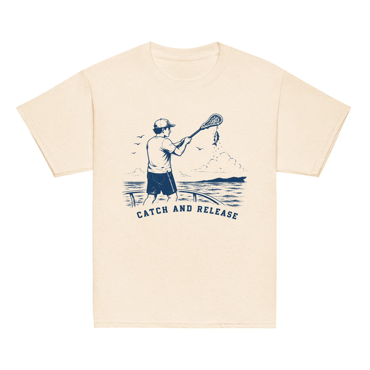 GO2X Catch and Release youth lacrosse shirt with male design in Natural, front view