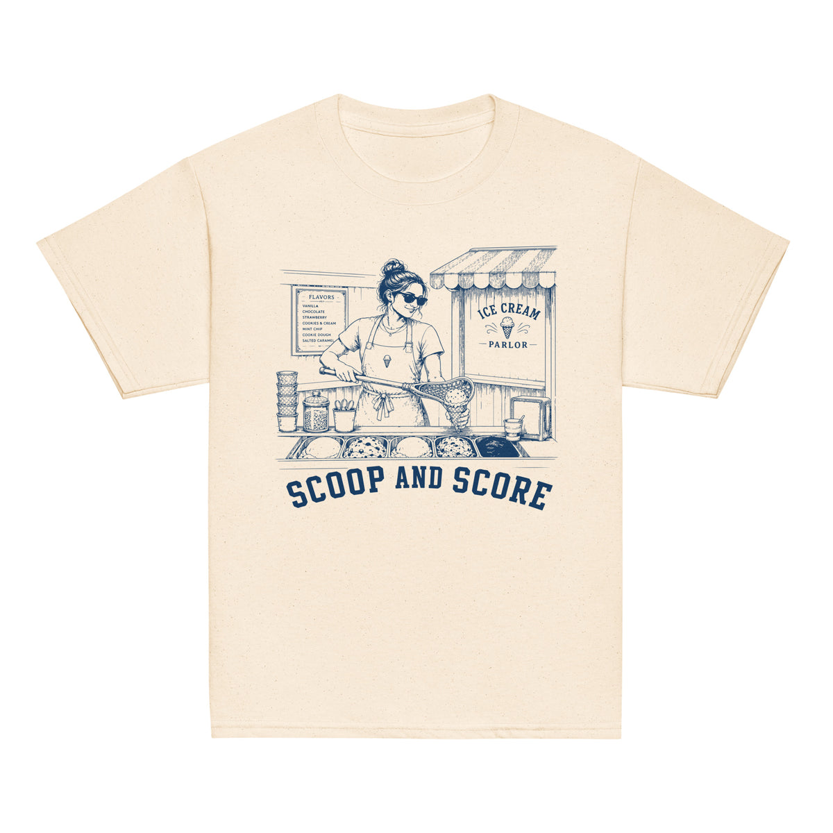 GO2X Scoop and Score youth lacrosse shirt with female design in Natural, front view