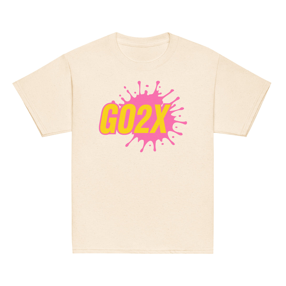 GO2X Classic youth lacrosse shirt with pink & yellow logo in Natural, front view