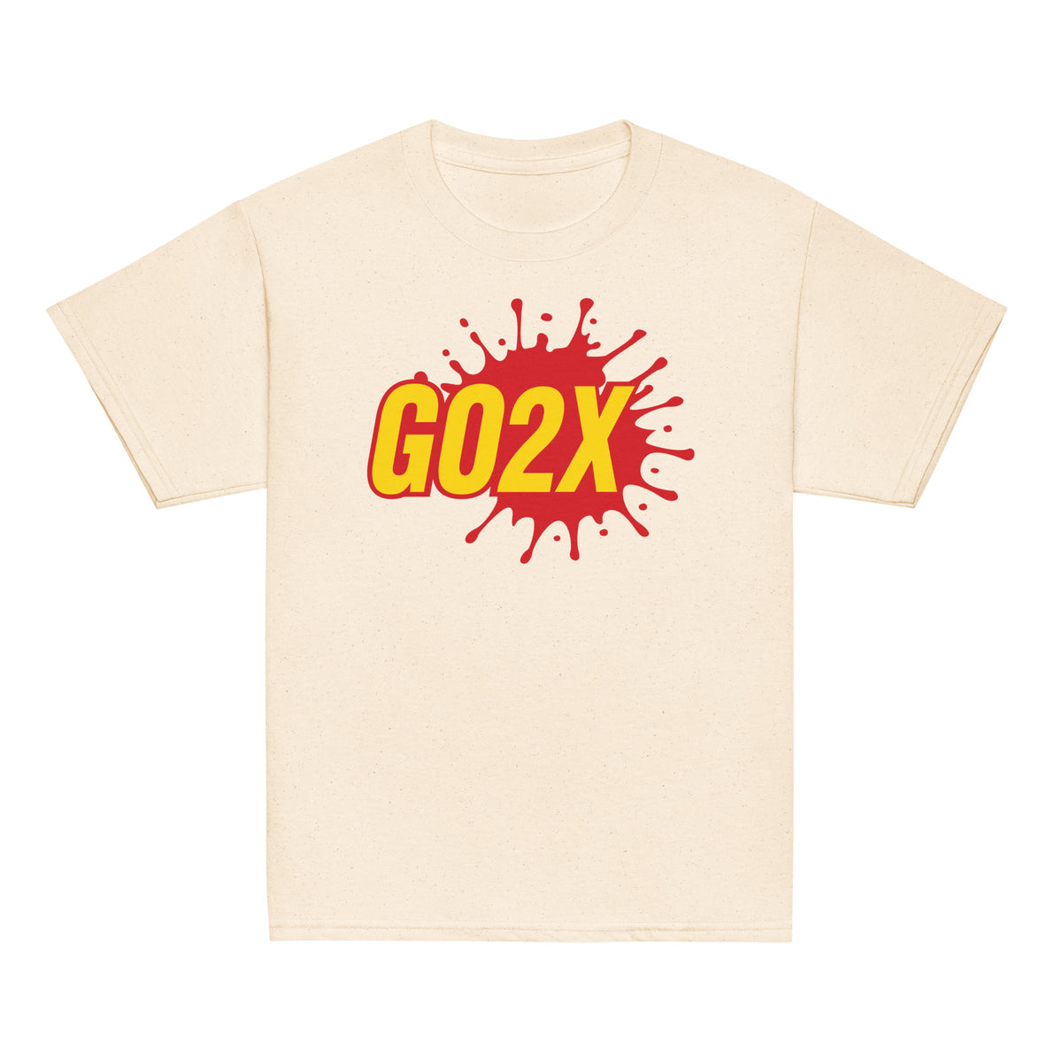 GO2X Classic youth lacrosse shirt with red & yellow logo in Natural, front view