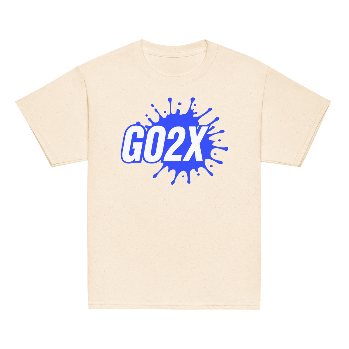 GO2X Classic youth lacrosse shirt with blue & white logo in Natural, front view