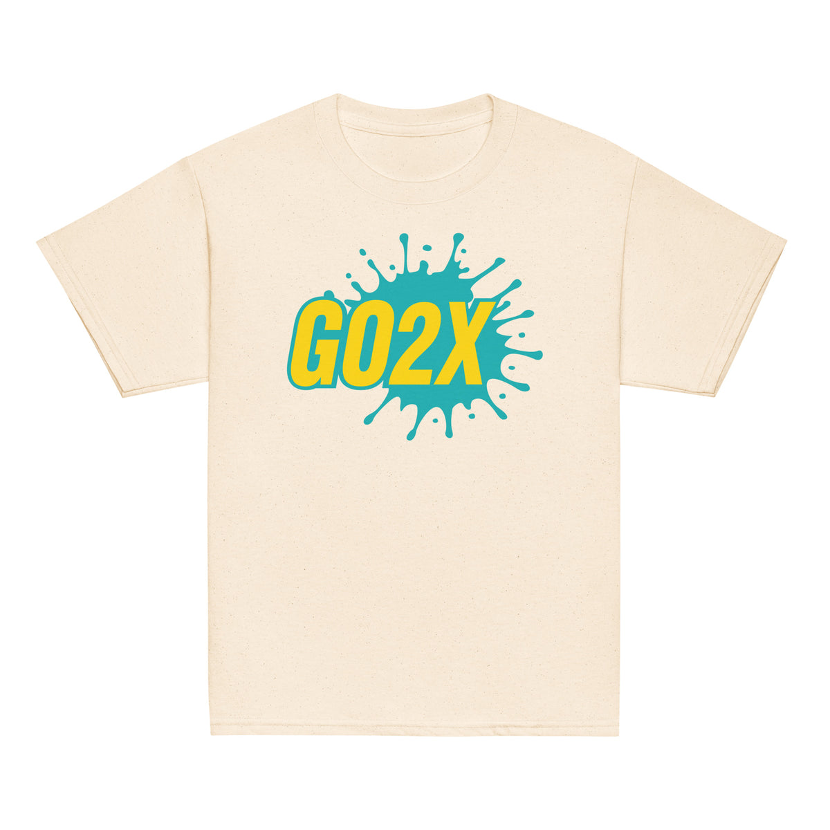 GO2X Classic youth lacrosse shirt with teal & yellow logo in Natural, front view