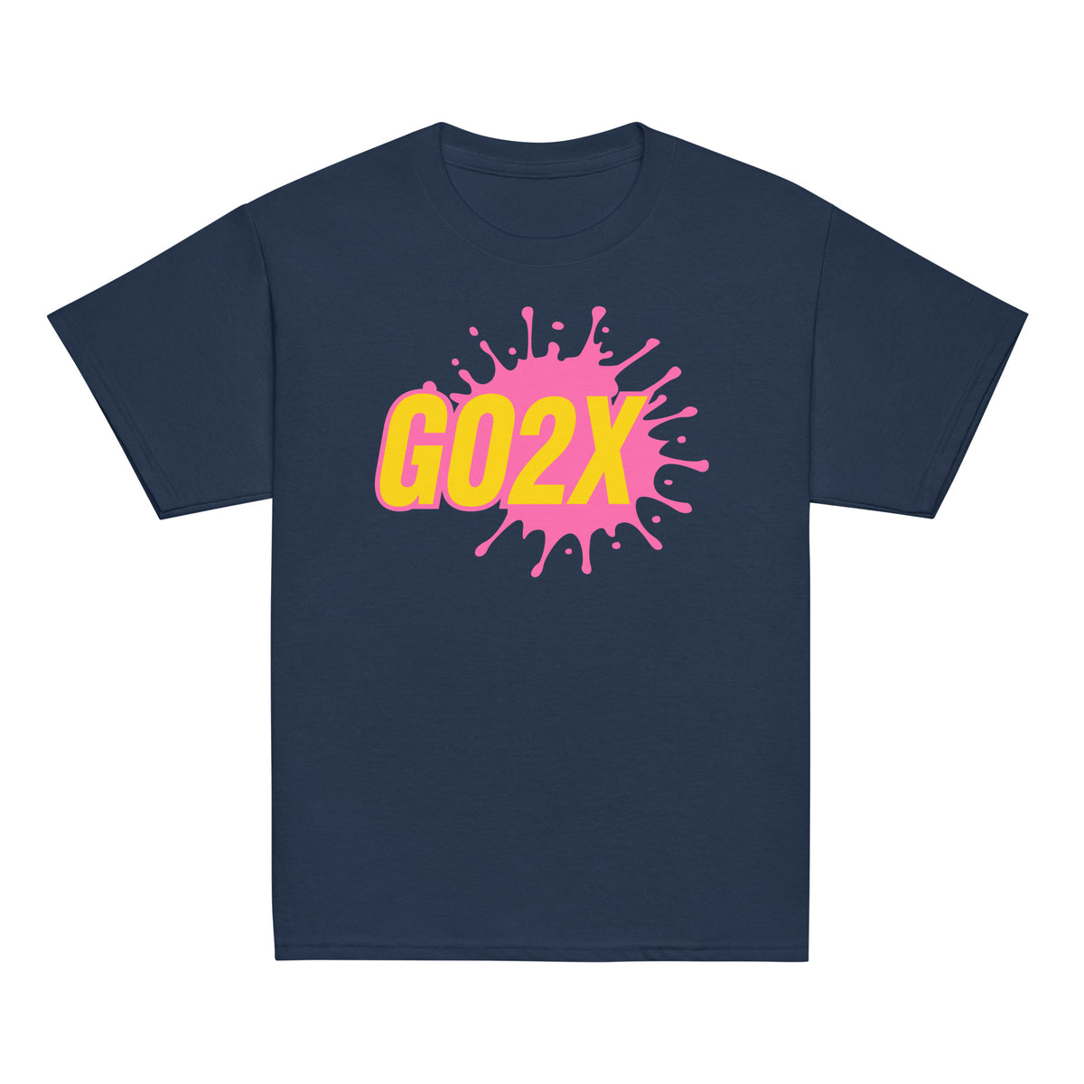 GO2X Classic youth lacrosse shirt with pink & yellow logo in Navy, front view
