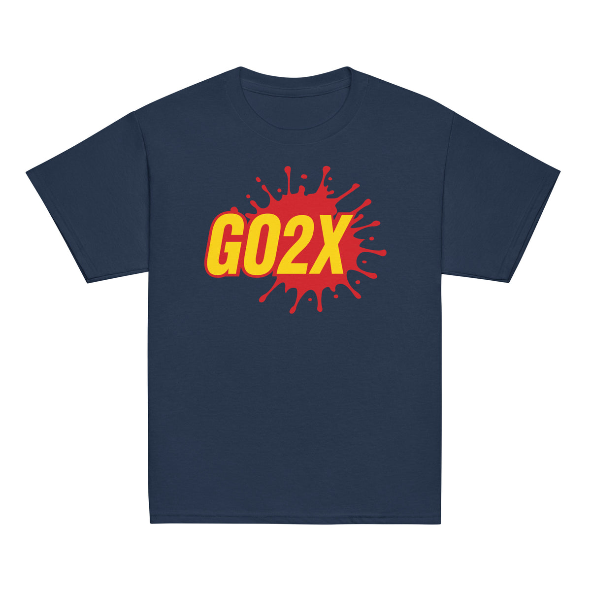 GO2X Classic youth lacrosse shirt with red & yellow logo in Navy, front view