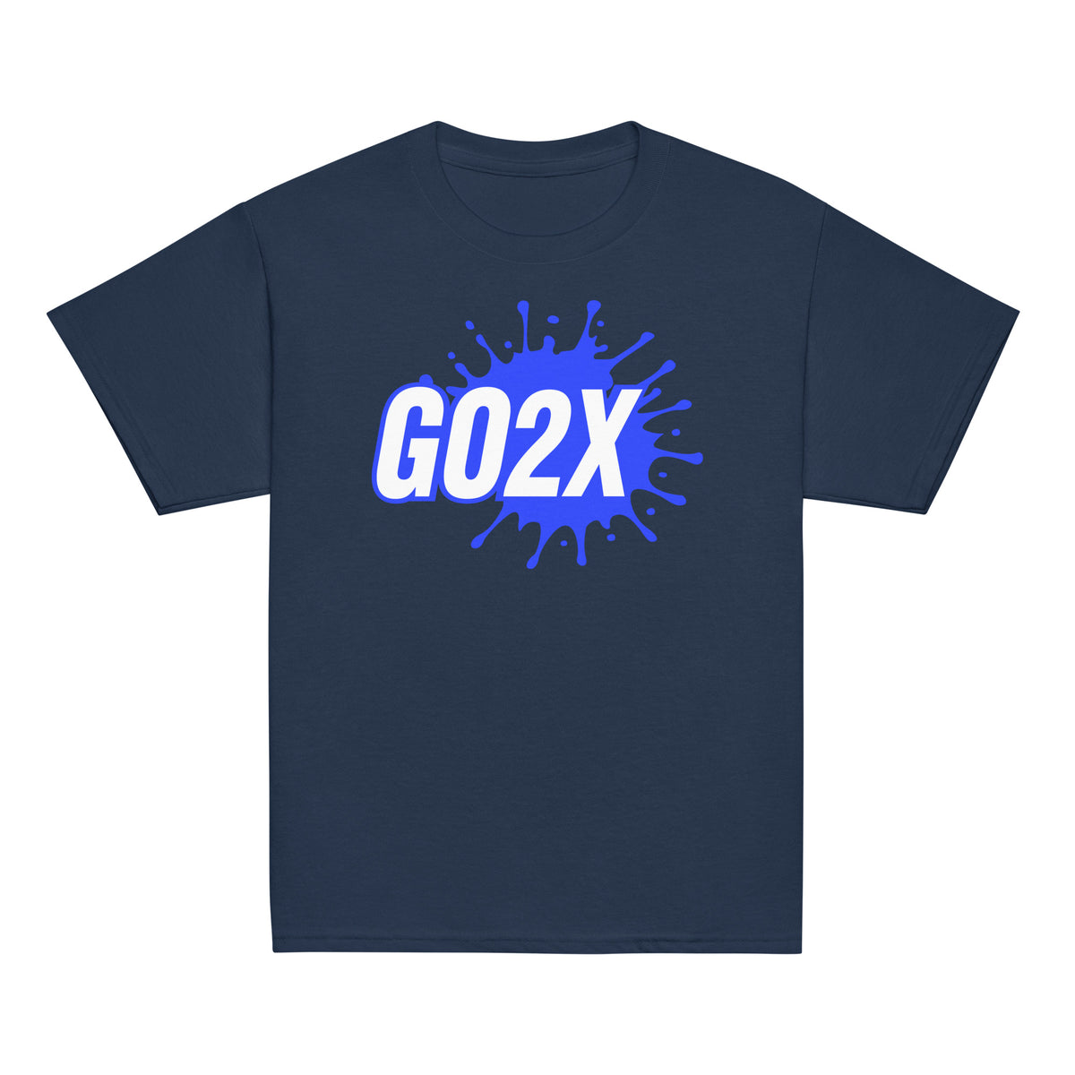 GO2X Classic youth lacrosse shirt with blue & white logo in Navy, front view