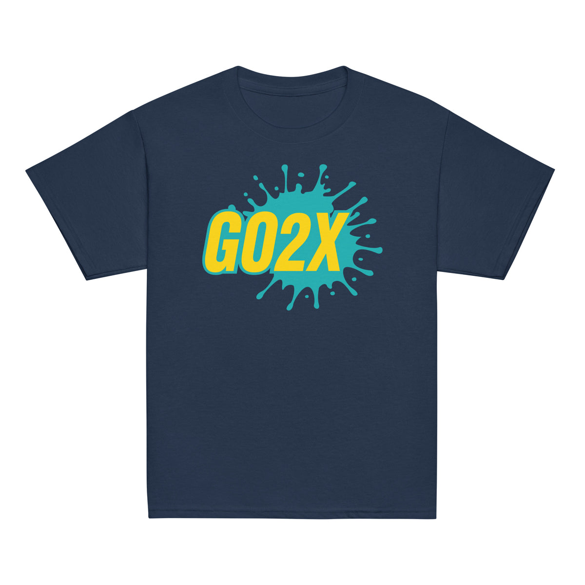 GO2X Classic youth lacrosse shirt with teal & yellow logo in Navy, front view
