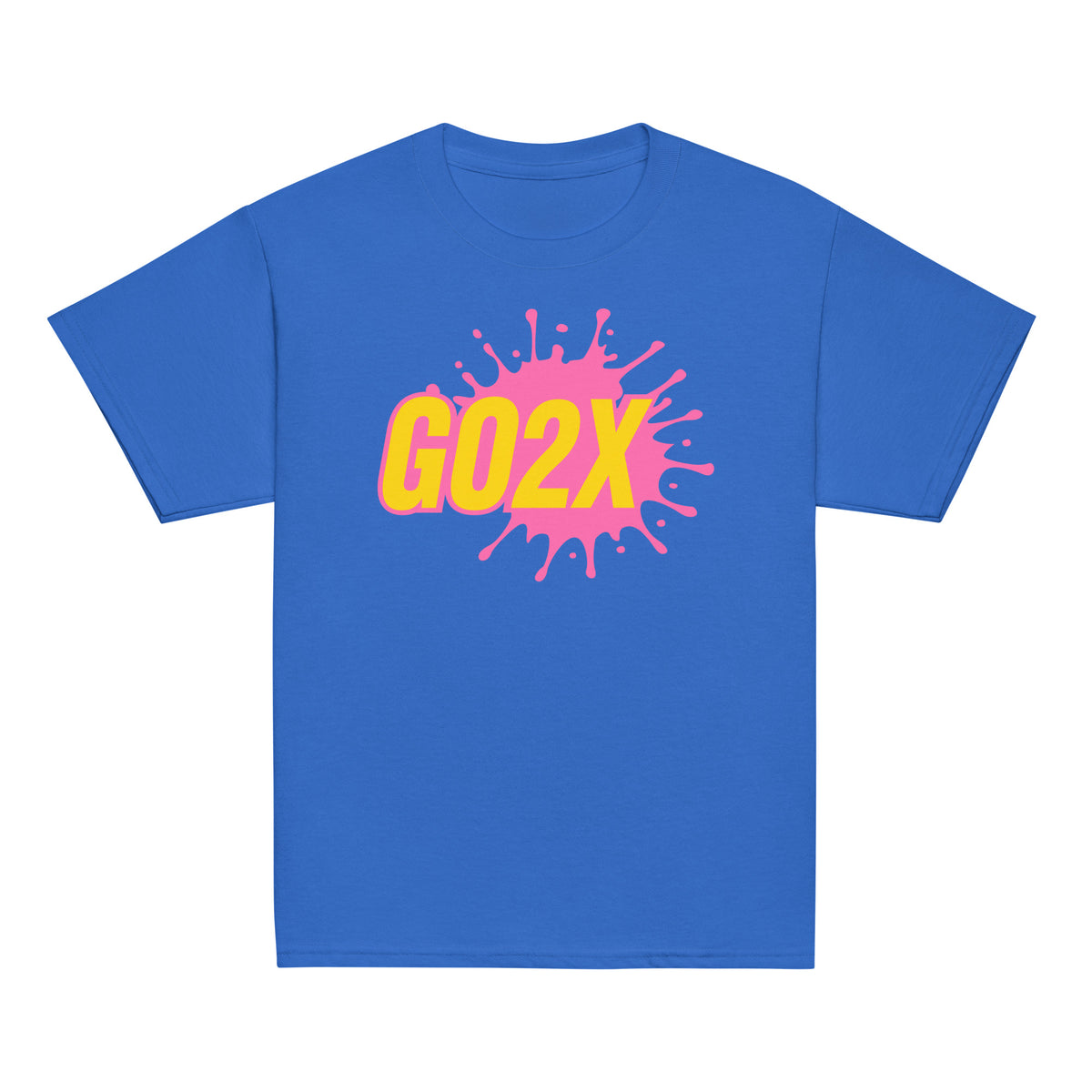 GO2X Classic youth lacrosse shirt with pink & yellow logo in Royal, front view