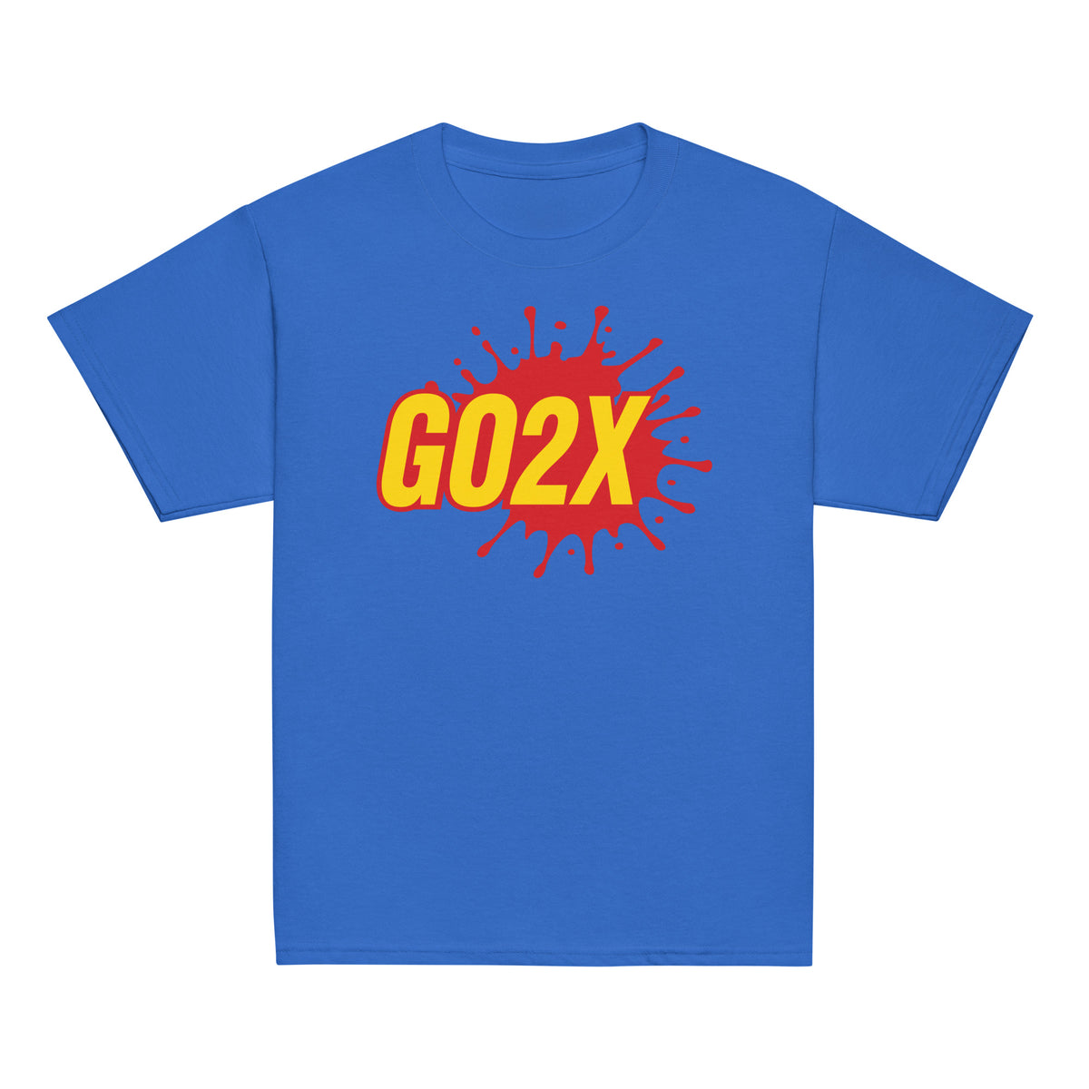 GO2X Classic youth lacrosse shirt with red & yellow logo in Royal, front view
