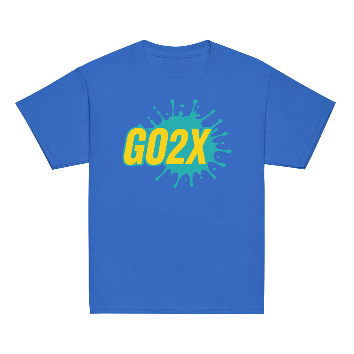 GO2X Classic youth lacrosse shirt with teal & yellow logo in Royal, front view