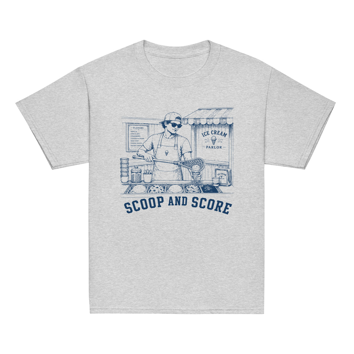 GO2X Scoop and Score youth lacrosse shirt with male design in Sport Grey, front view