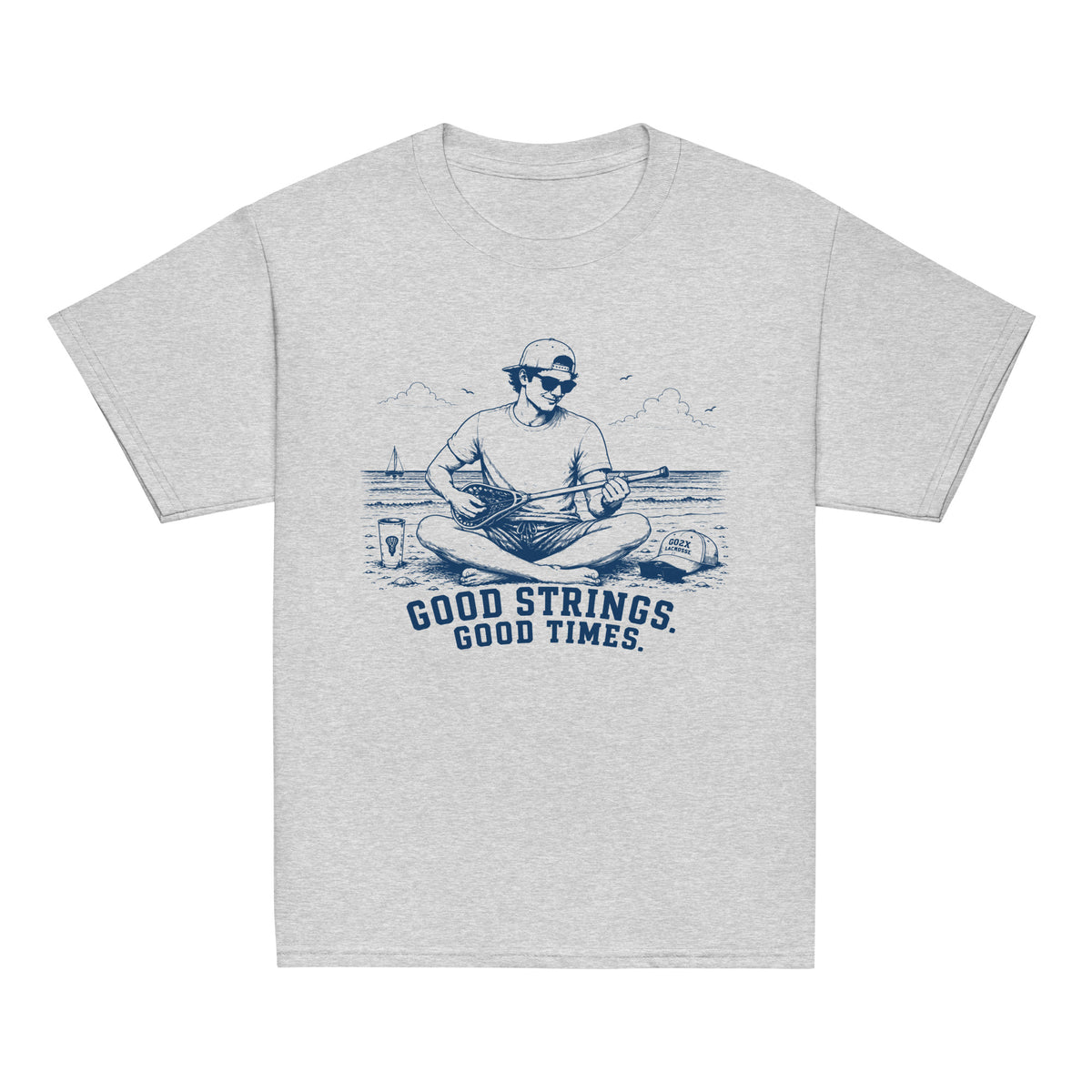 GO2X Good Strings Good Times youth lacrosse shirt with male design in Sport Grey, front view