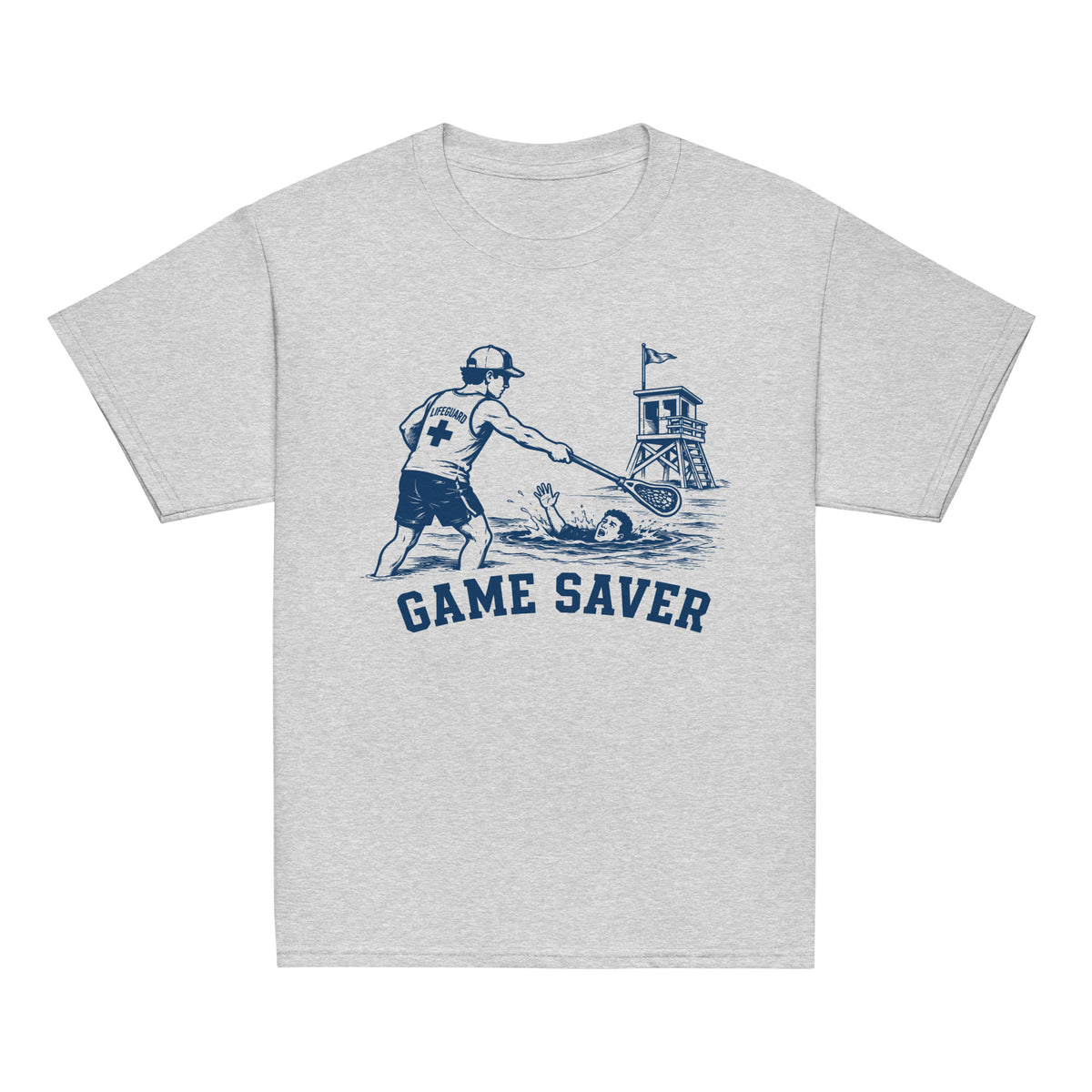 GO2X Game Saver youth lacrosse shirt with male design in Sport Grey, front view