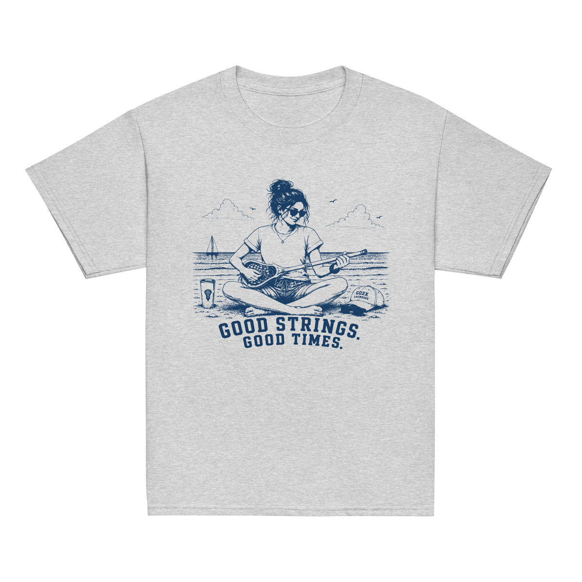 GO2X Good Strings Good Times youth lacrosse shirt with female design in Sport Grey, front view