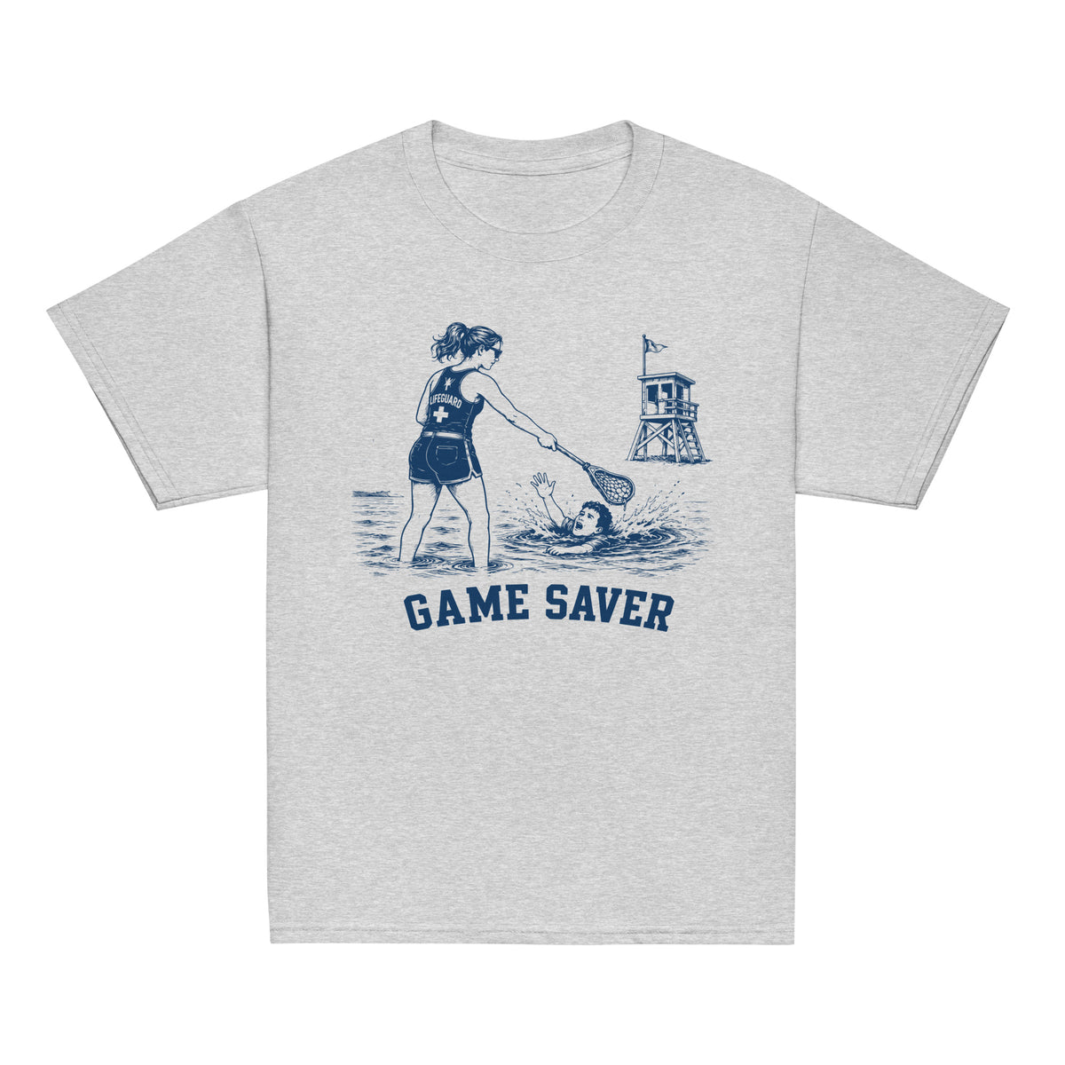 GO2X Game Saver youth lacrosse shirt with female design in Sport Grey, front view