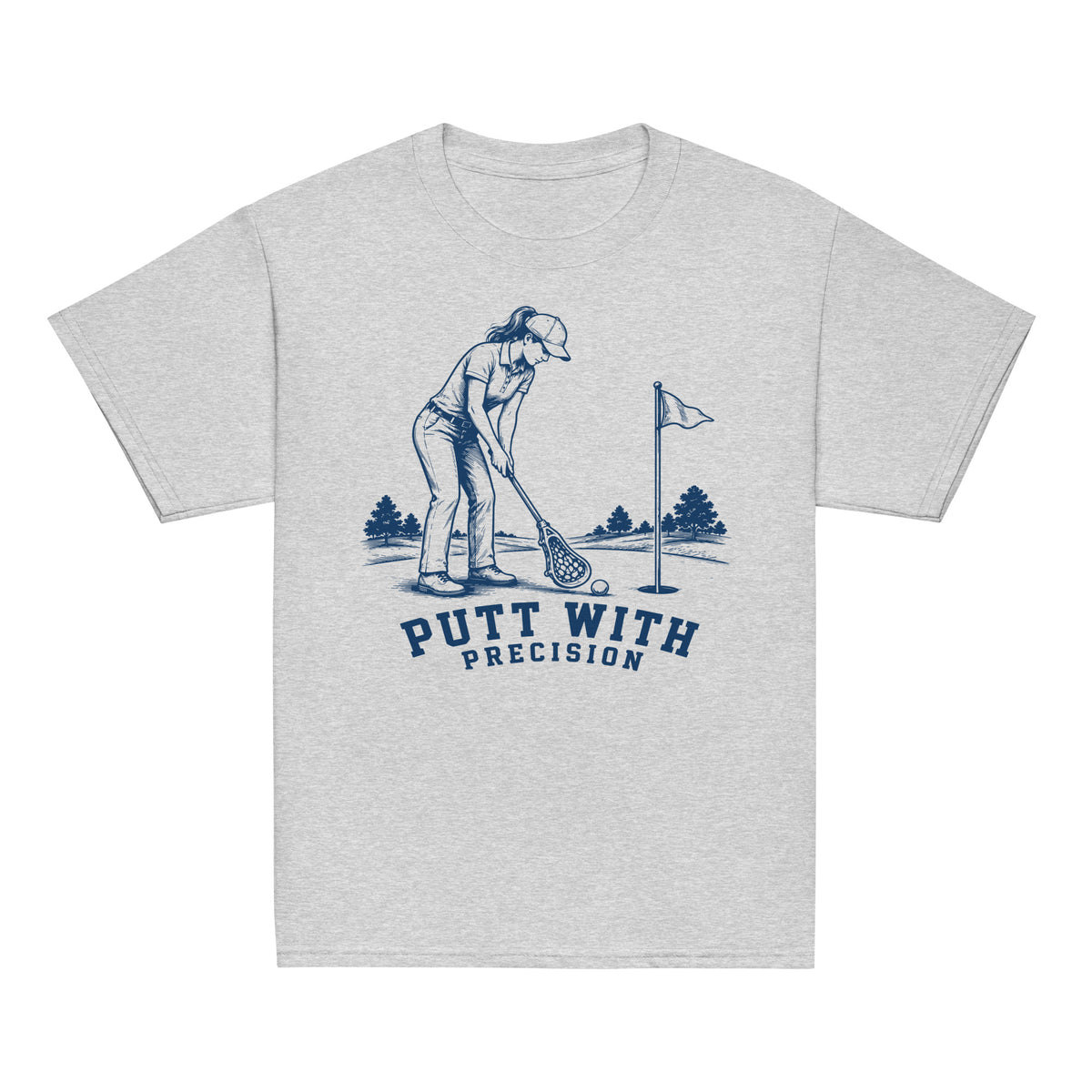 GO2X Putt with Precision youth lacrosse shirt with female design in Sport Grey, front view