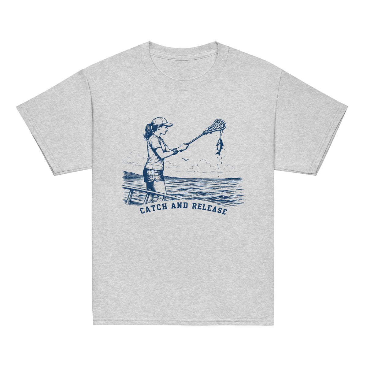 GO2X Catch and Release youth lacrosse shirt with female design in Sport Grey, front view