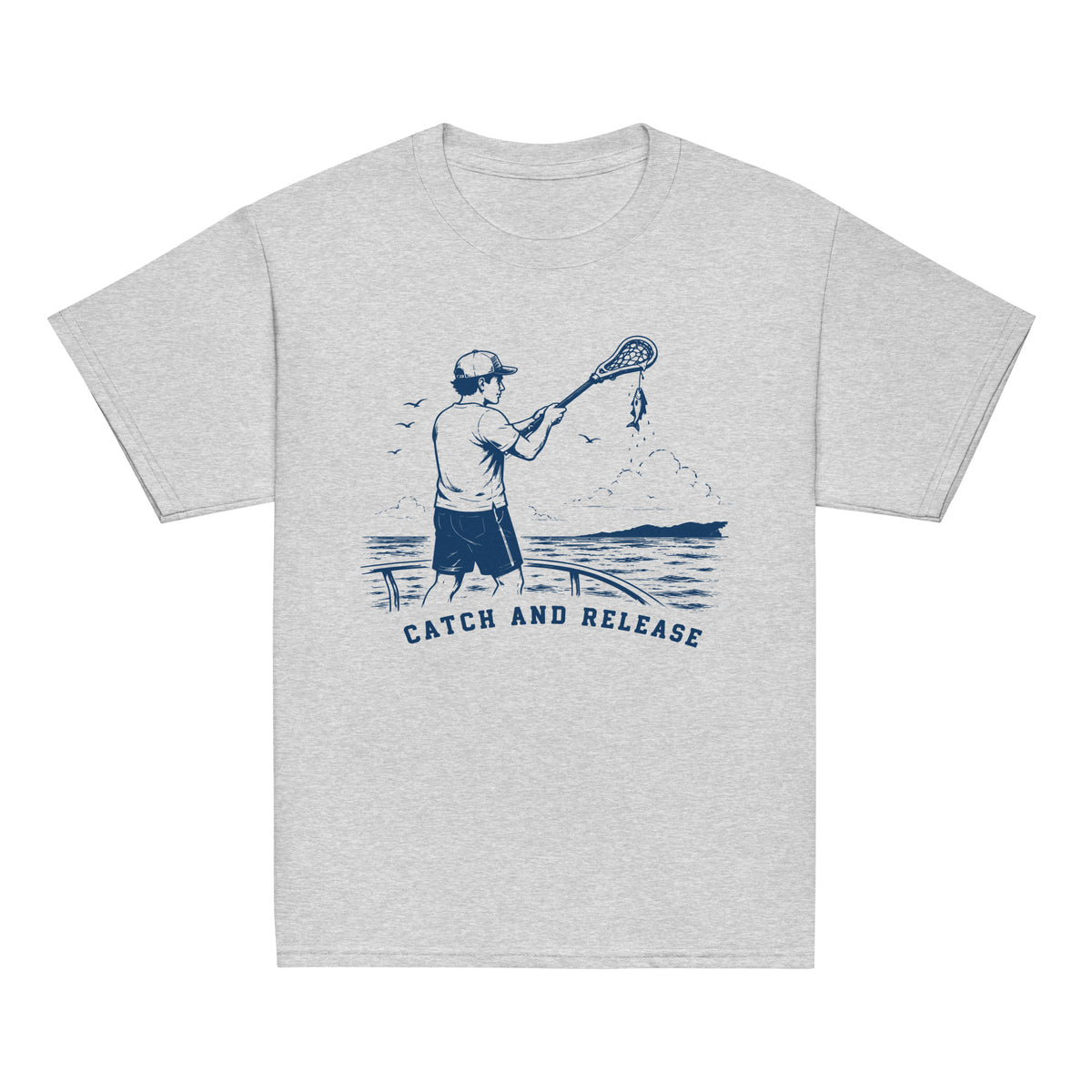 GO2X Catch and Release youth lacrosse shirt with male design in Sport Grey, front view