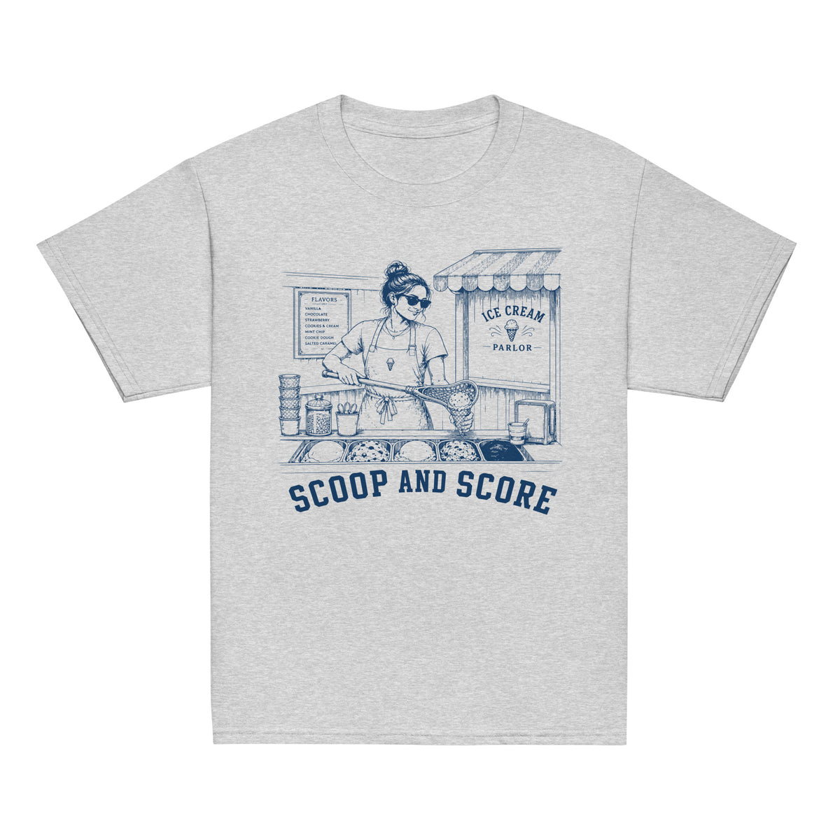 GO2X Scoop and Score youth lacrosse shirt with female design in Sport Grey, front view