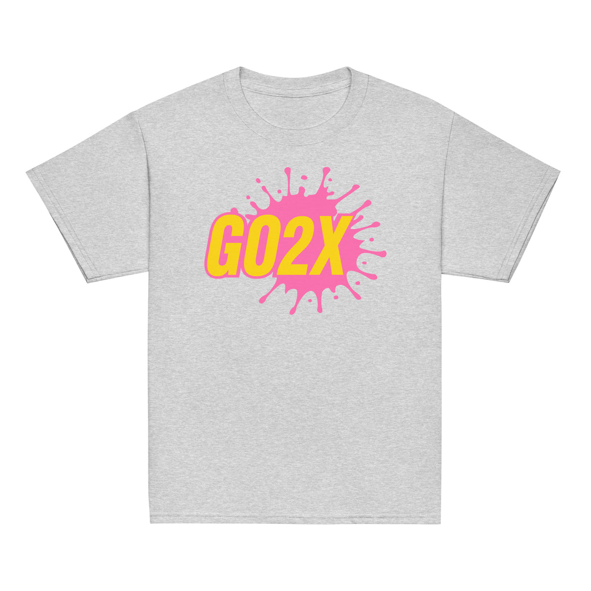 GO2X Classic youth lacrosse shirt with pink & yellow logo in Sport Grey, front view